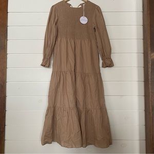 Petal & Pup Modest 3/4 Sleeve Tan Maxi Dress with Shirred Bodice
